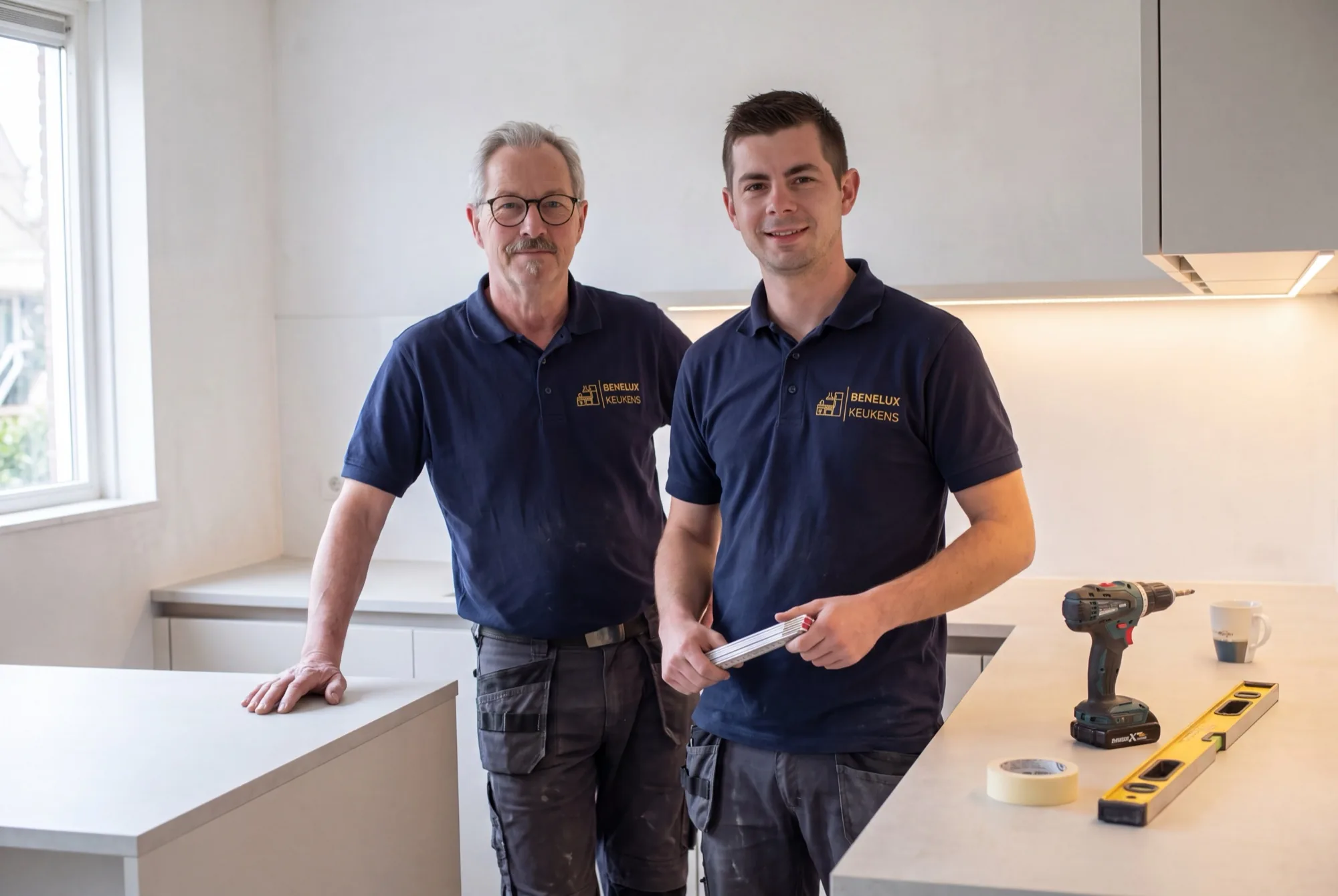 Twee monteurs van Benelux Keukens bij een net geplaatst kookeiland