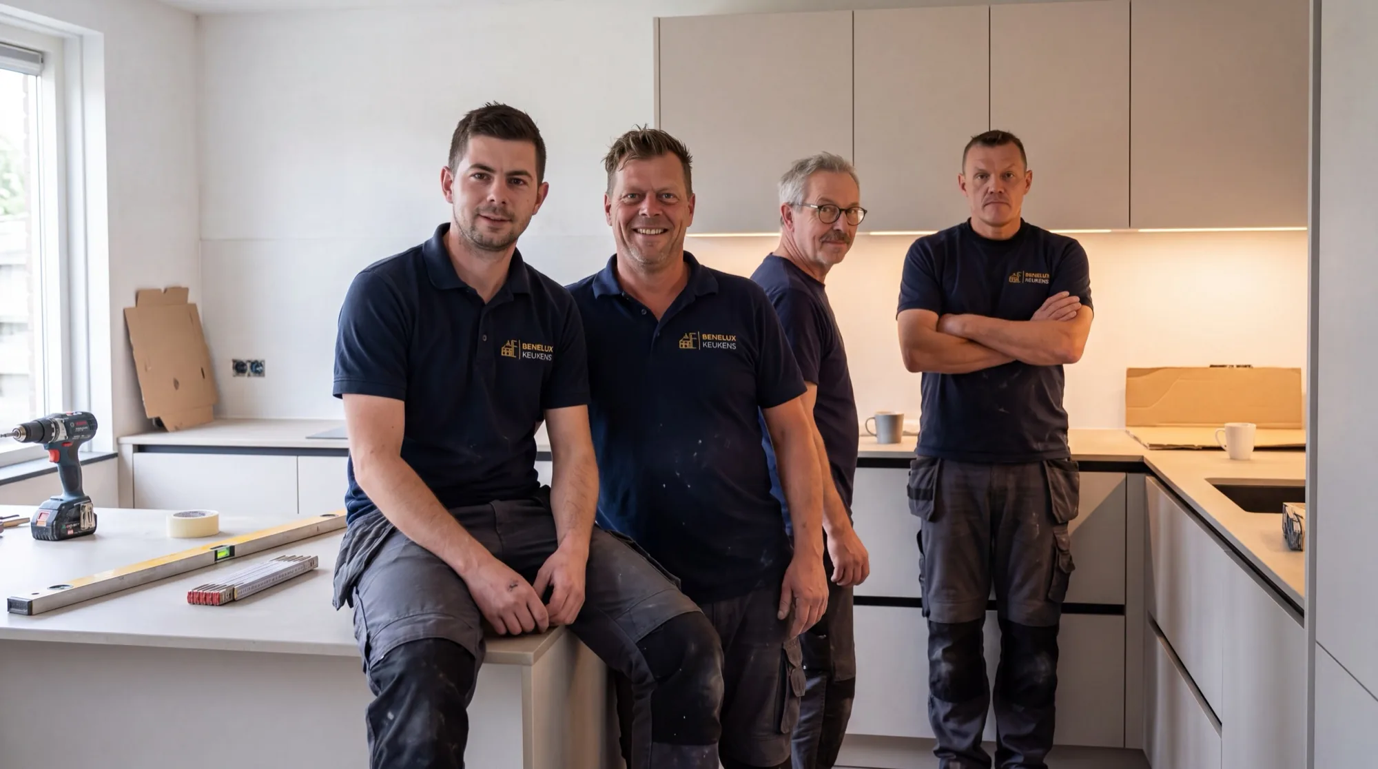 Team van Benelux Keukens in een opgeleverde keuken