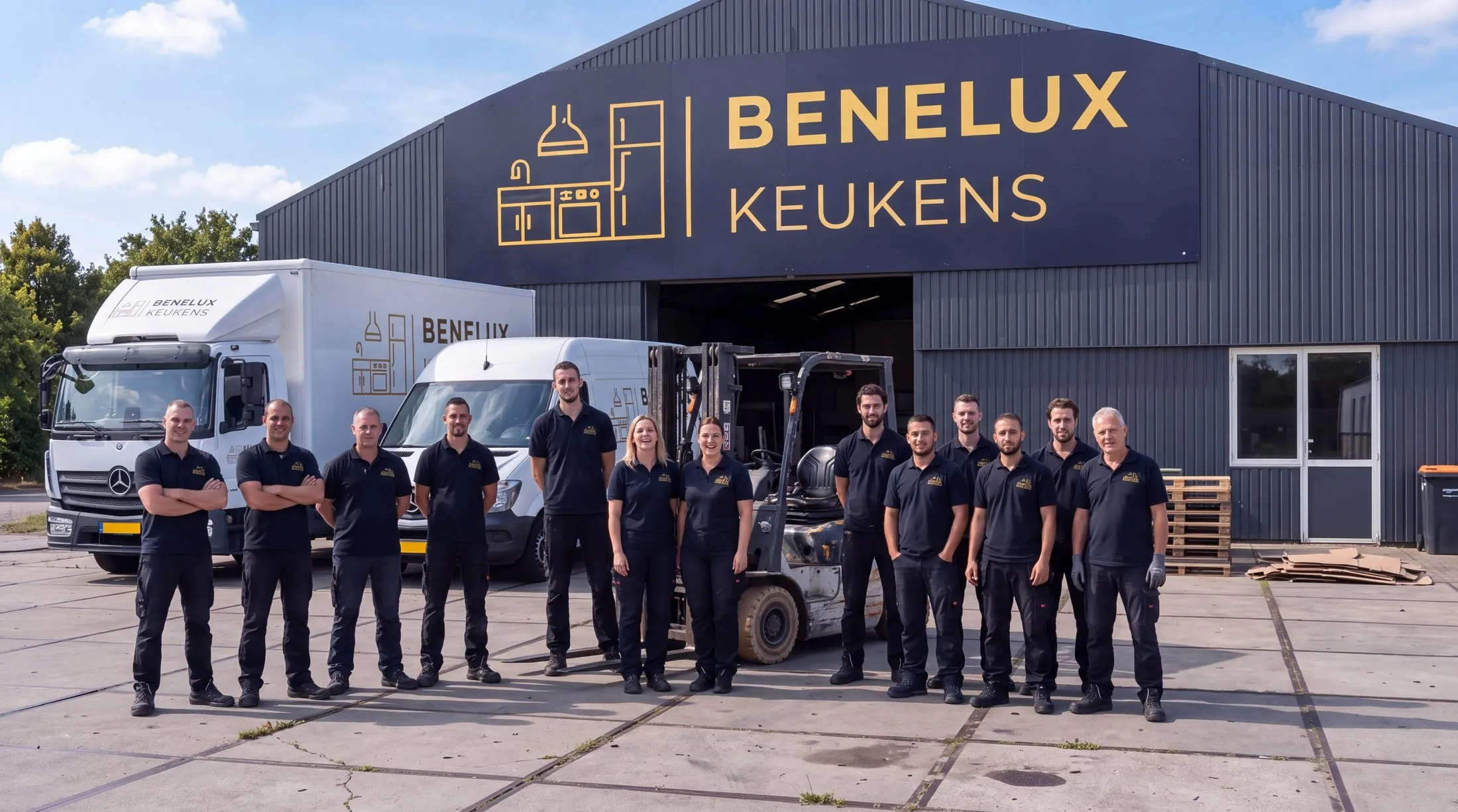 Het pand van Benelux Keukens in Doornenburg met de bezorgwagens ervoor